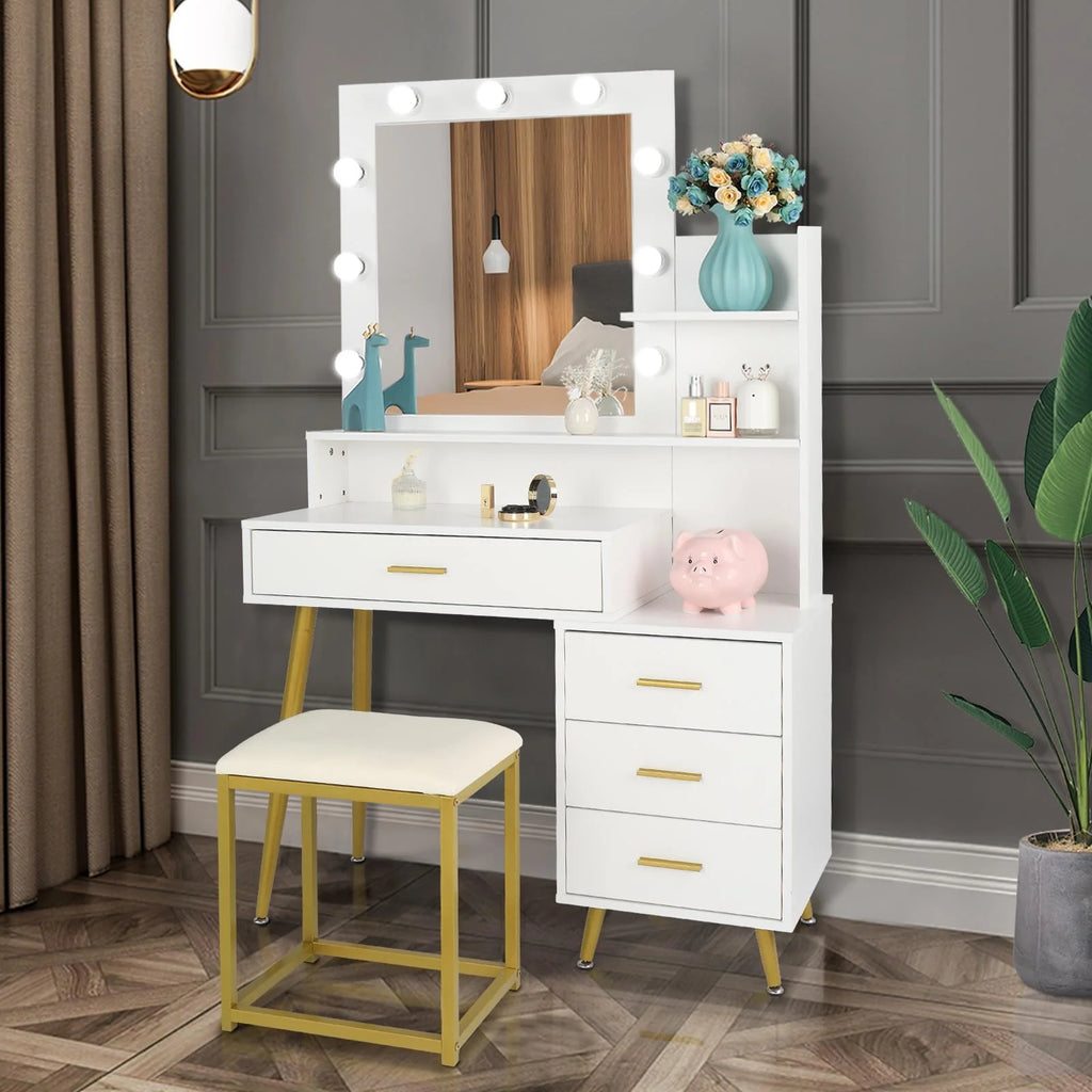 White Vanity Table Set with Lighted Mirror and 4 Drawers J4504