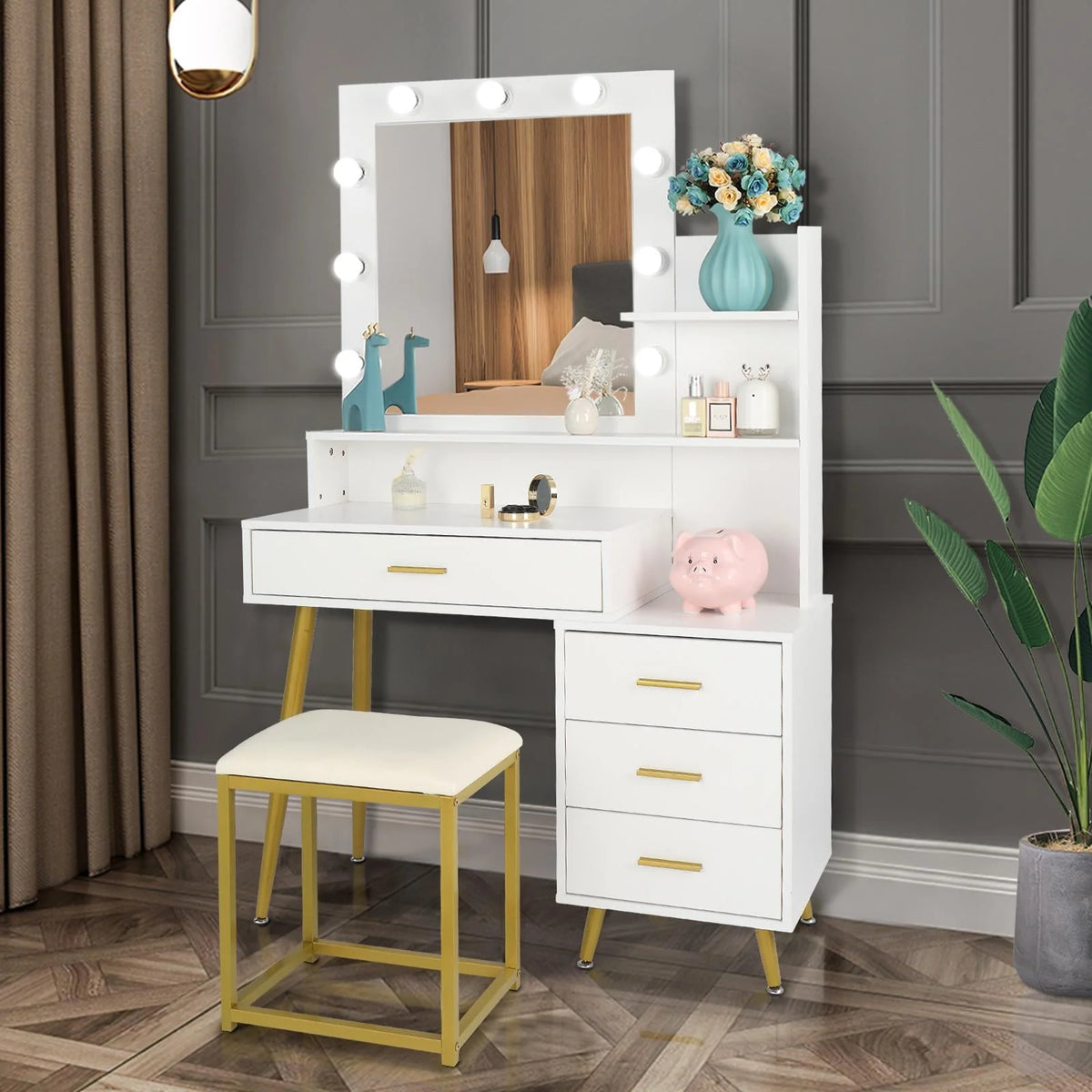 White Vanity Table Set with Lighted Mirror and 4 Drawers J4504