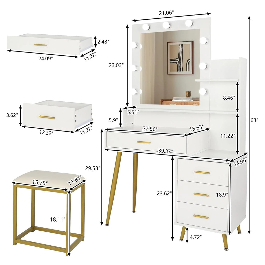 White Vanity Table Set with Lighted Mirror and 4 Drawers J4504