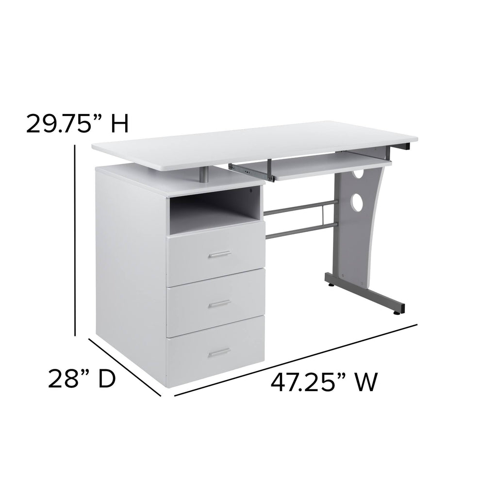 White Desk with Three Drawer and Pull-Out Keyboard Tray D245