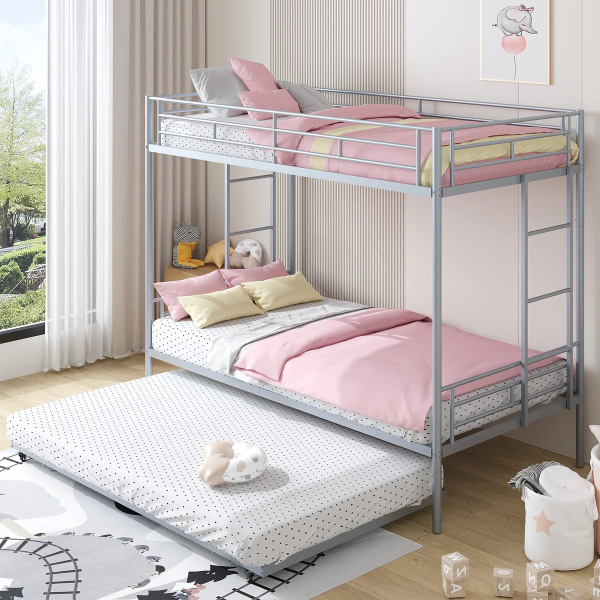 Black Metal Twin Over Twin Bunk Bed with Trundle F68713