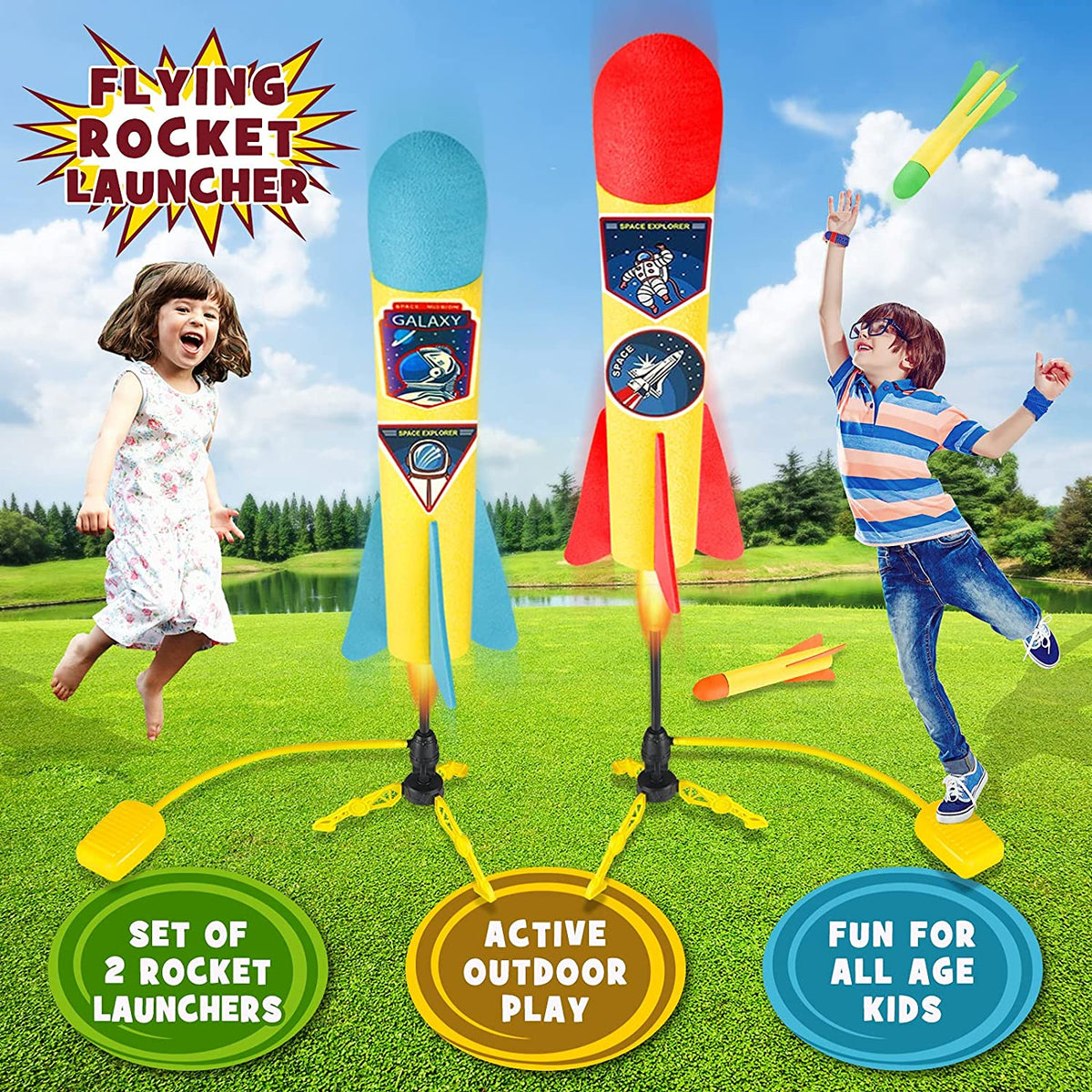 Terra Toy Rocket Launcher, 2 Launchers & 8 Foam Rockets, Outdoor Toy X75370