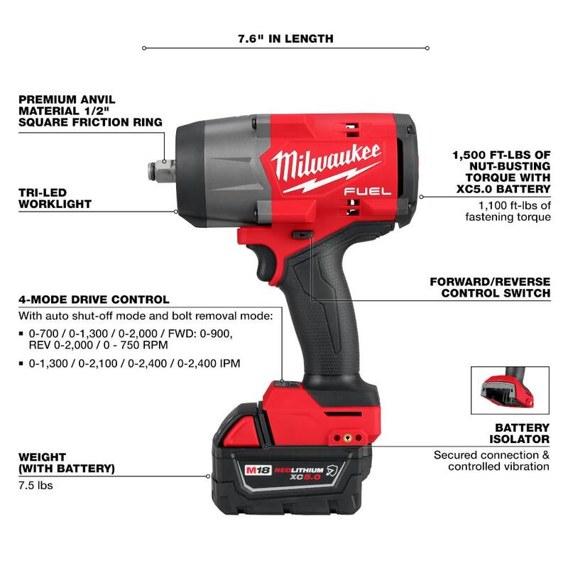 18V Lithium-Ion Brushless Cordless 1/2 in. Impact Wrench Kit with 5.0 Ah Battery and Bag V799