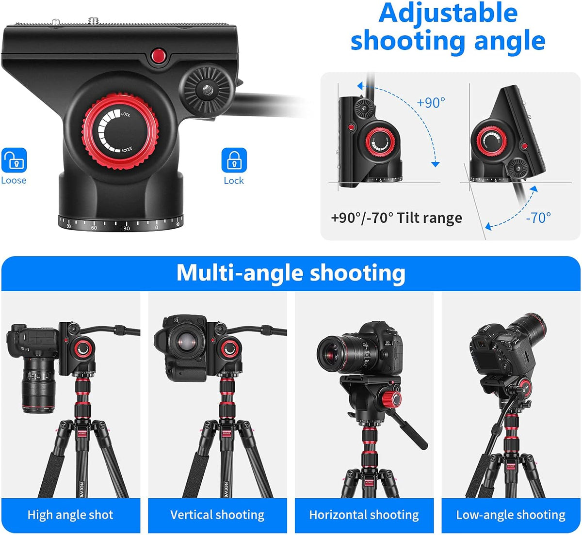 Metal Heavy Duty Video Camera Tripod Fluid Drag Pan Head with Sliding Plate and 2-Section Adjustable Handle, Load up to 11pounds/5kilograms, Pack of 2 W306