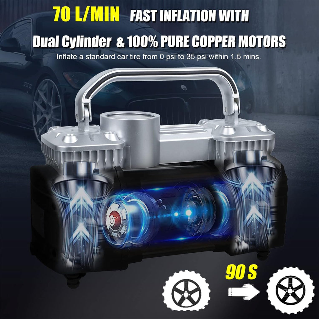 150Psi 12V Dual Cylinders Air Compressor Pump with Tire Repair Kit W420600