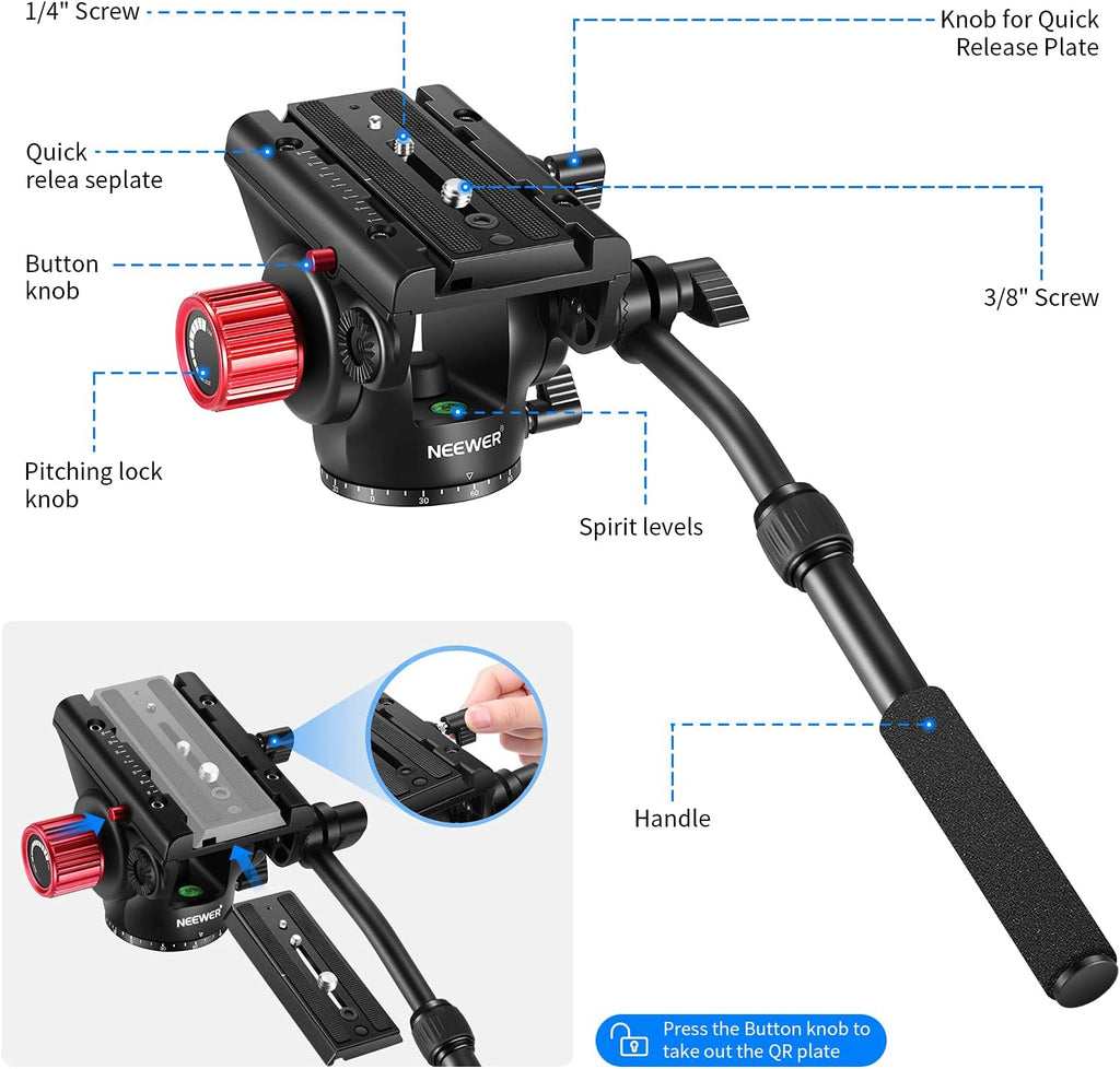 Metal Heavy Duty Video Camera Tripod Fluid Drag Pan Head with Sliding Plate and 2-Section Adjustable Handle, Load up to 11pounds/5kilograms, Pack of 2 W306