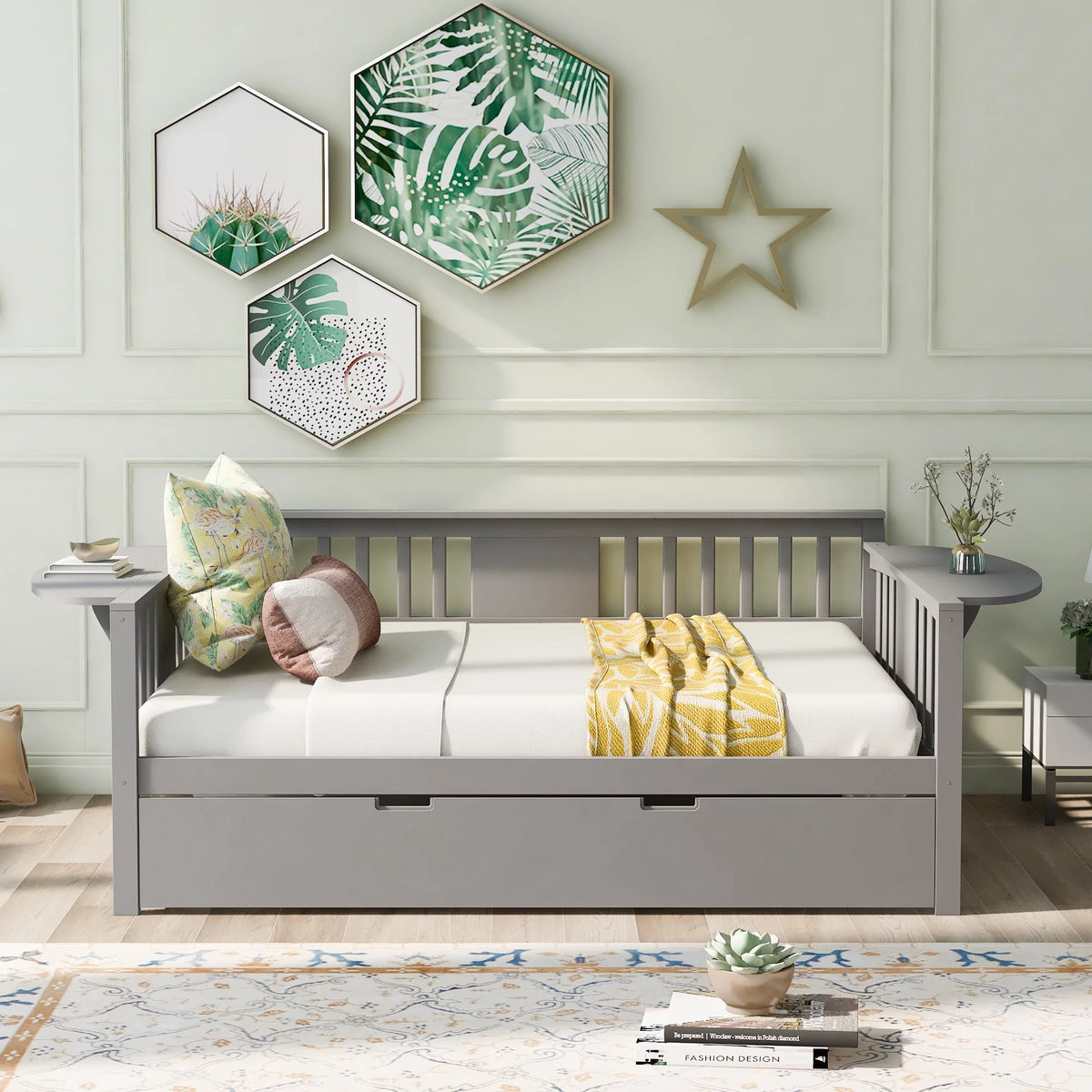 Grey Full Size Wood Bed Frame with Casters G3518